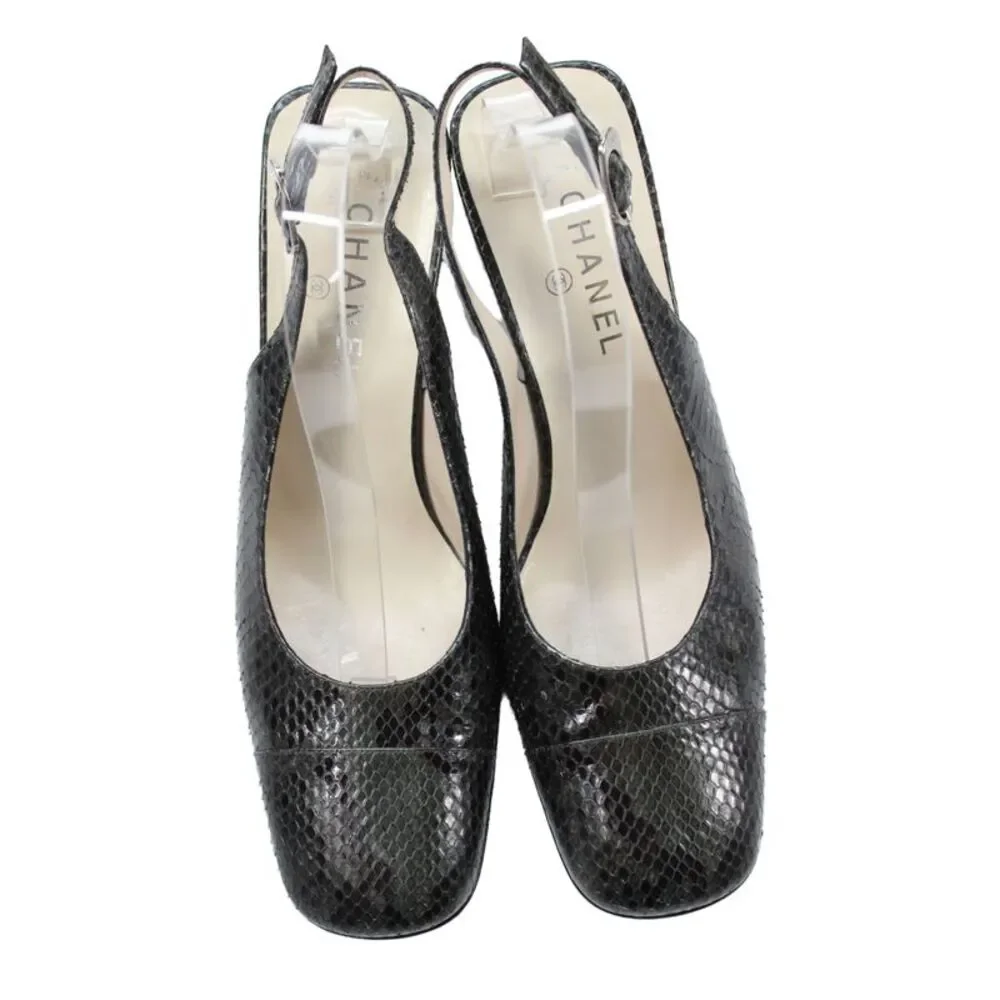 Chanel Womens Snakeskin Print Cap Toe Slingbacks Black Grey Size 40 10